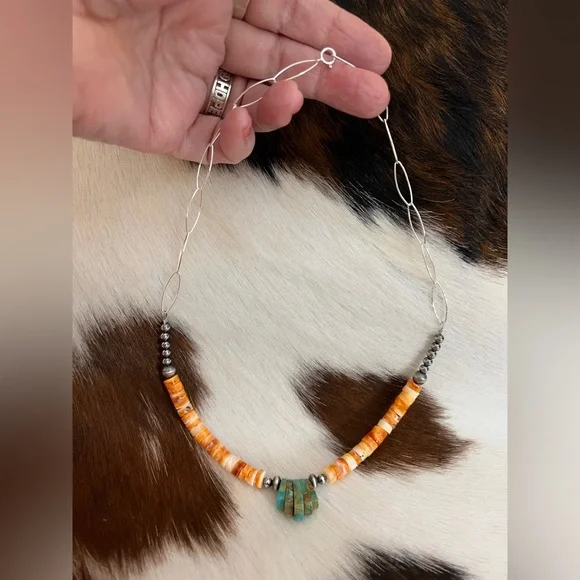 ❤️ Spiny Oyster Heishi Beads & 925 Desert Pearl Navajo Style Jacla Necklace 18” - Picture 7 of 14